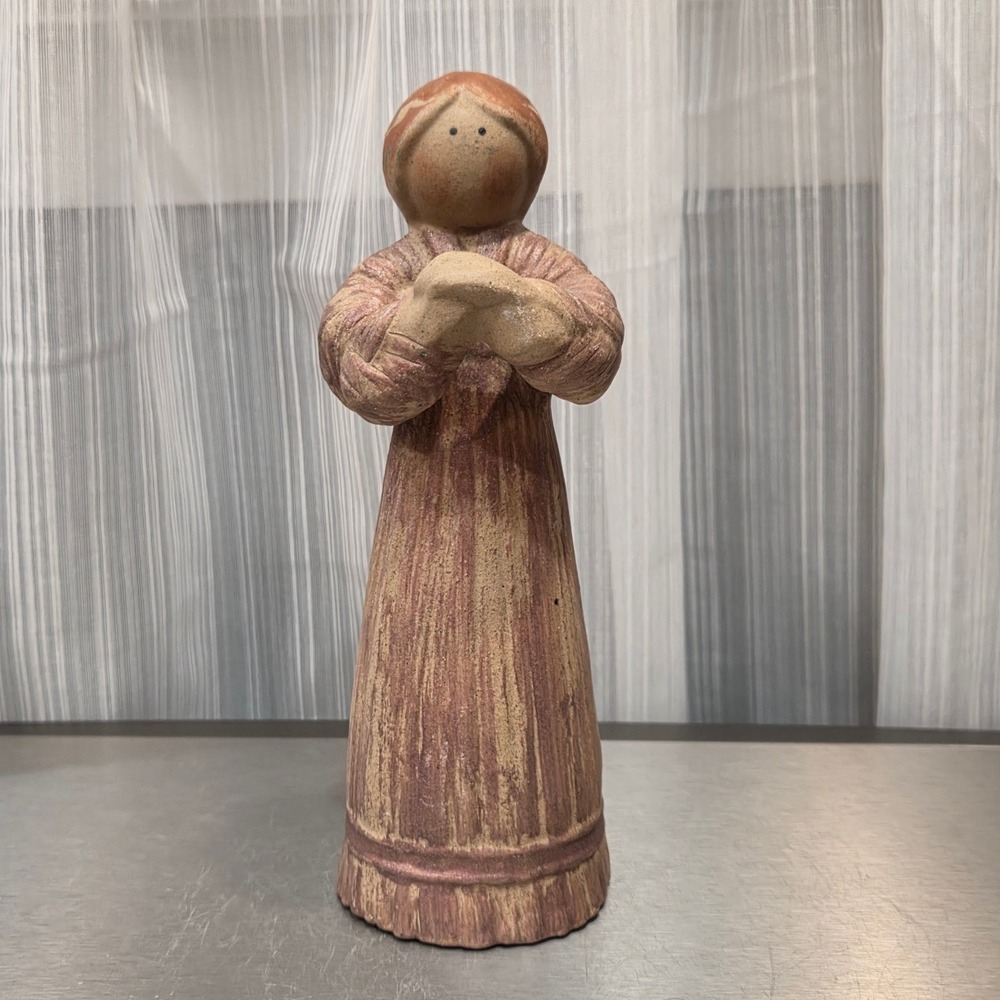 Vintage Studio Pottery Woman Figurine Folk Art Terracotta Mauve Signed 8"